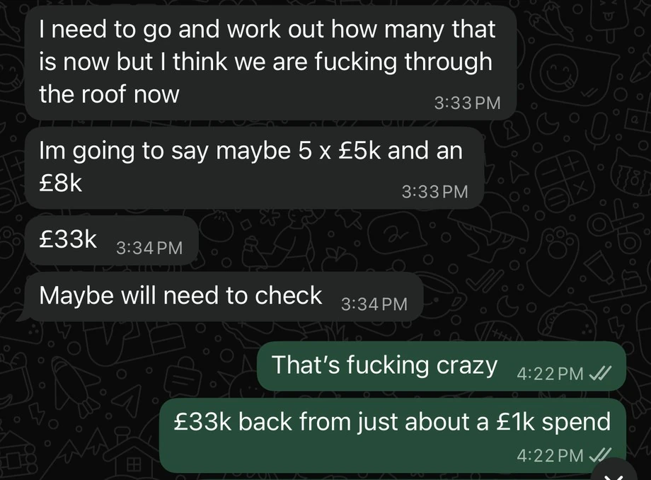 Client message showing £33k generated from £1k ad spend