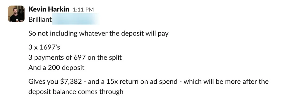 Client update showing $7,382 collected and a 15x return on ad spend